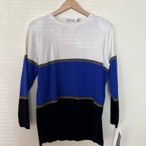 Karen Lessly Women Sweater Large $80 Cream Blue Oversized Boxy Acrylic Vtg USA - Picture 10 of 15